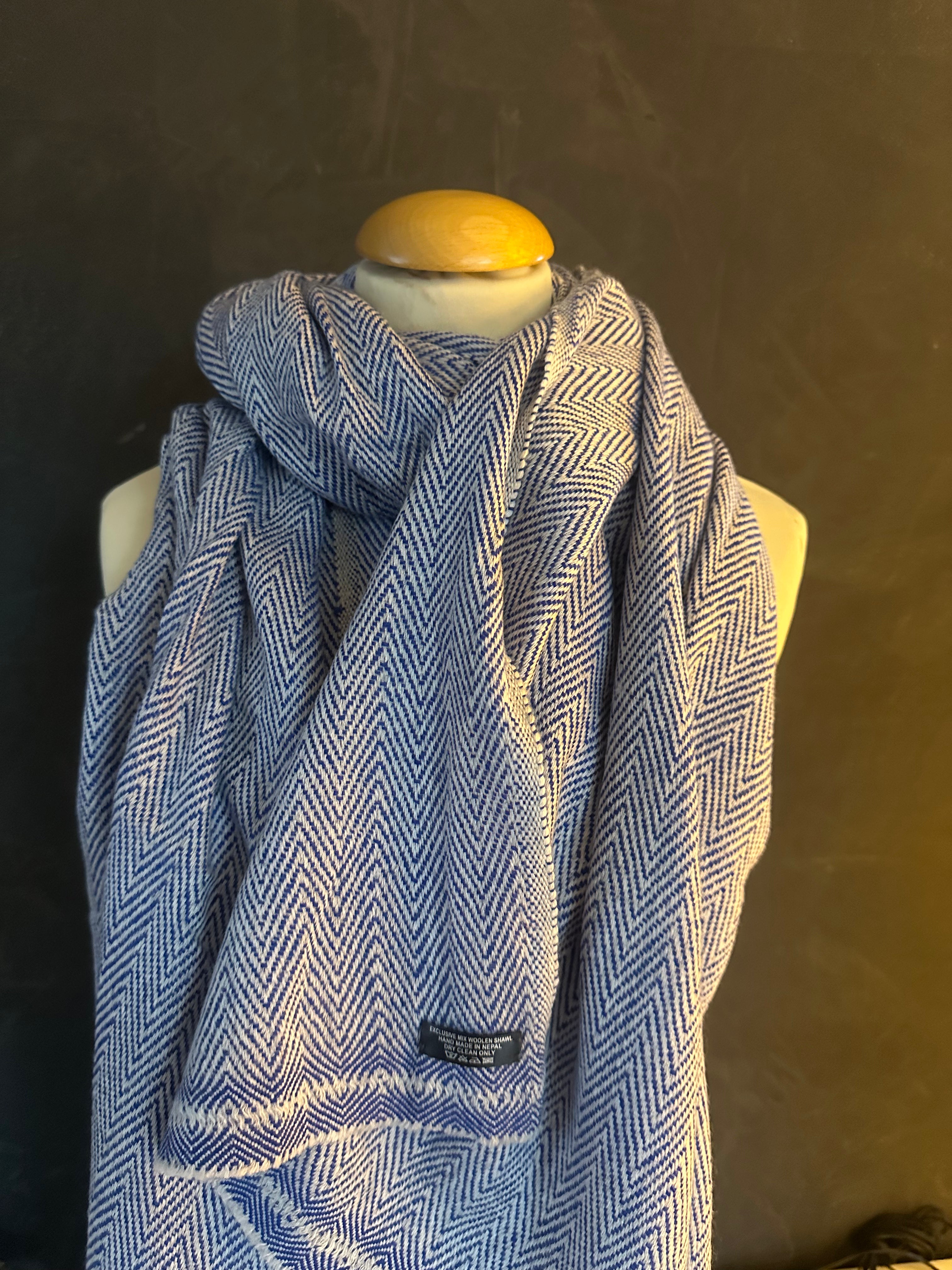 Dunner geweven cashmere sjaal blauw wit